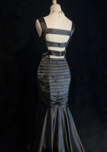 Vintage Prom Dresses Mermaid Square Neck Black Satin With Pleated 1950s Long Formal Gown N2599