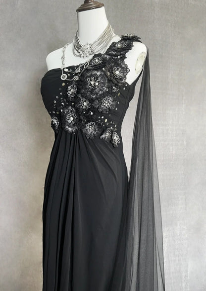 Elegante Abschlussballkleider Meerjungfrau One-Shoulder Black Tie Kleid mit Perlenbesatz Lange Formelle Abendgarderobe N3699