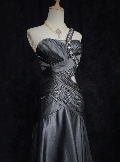 Vintage Abschlussballkleider 80er Meerjungfrau One Shoulder Black Tie Kleid mit Perlenstickerei Semi Formal Abendgarderobe N3636
