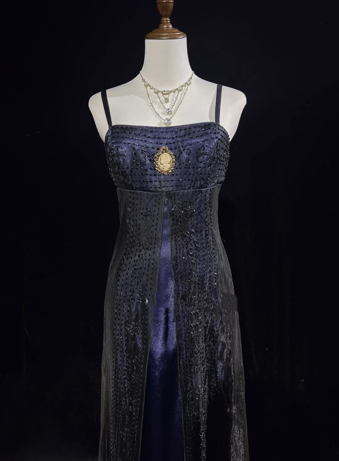 Vintage Ballkleider A-Linie Spaghettiträger Marineblau Tüll 80er Jahre Mit Perlen Lang Formelle Abendgarderobe N3871