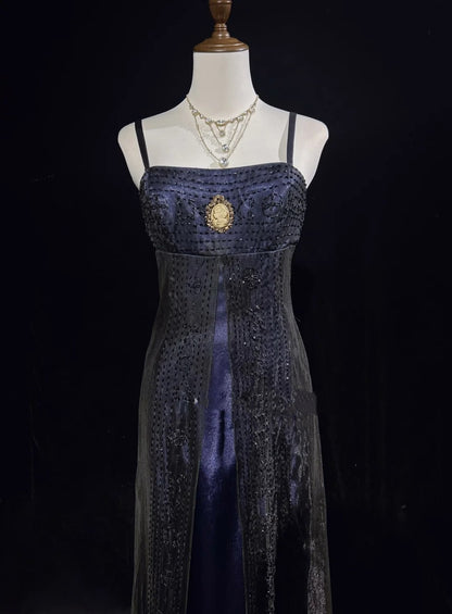 Vintage Ballkleider A-Linie Spaghettiträger Marineblau Tüll 80er Jahre Mit Perlen Lang Formelle Abendgarderobe N3871