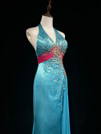 Robes de bal modestes d'inspiration sirène col en V bleu Tiffany avec perles pour femmes robe de soirée formelle N3240