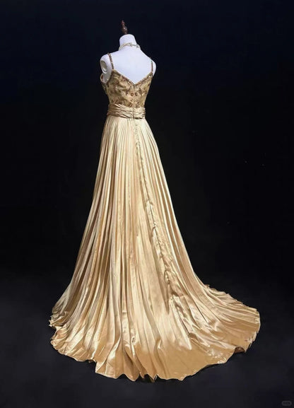 Robes de bal vintage des années 1950, coupe trapèze, bretelles fines, satin doré avec perles, sans manches, tenues de soirée formelles RB4335