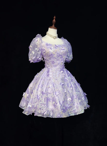 Jolies robes de bal lilas courtes en dentelle, col carré, pour la rentrée, robes Hoco N2632