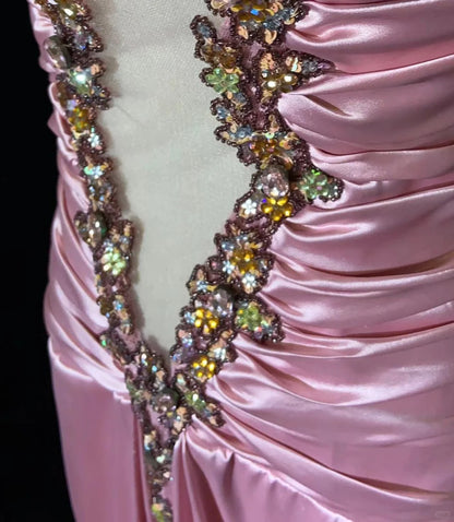 Robes de bal vintage des années 80 sirène à fines bretelles en satin rose longues tenues de soirée N3479