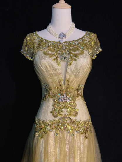 Vintage Abschlussballkleider 90er Meerjungfrau Schmuckausschnitt Goldtüll Mit Perlen Lang Halbformelles Abendkleid N3674