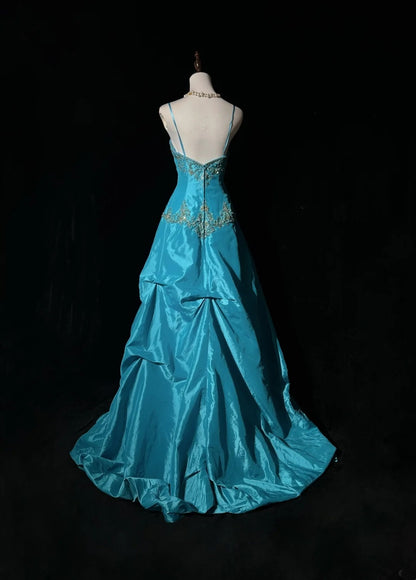 Robes de bal vintage esthétique Années 80 Rétro Robe de bal Bretelles fines Taffetas bleu Longueur ras du sol Tenues de soirée N2329