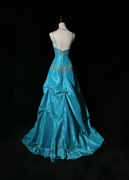 Vintage Prom Dresses Aesthetic 80s Retro Ball Gown Spaghetti Strap Blue Taffeta Floor Length Evening Outfits N2329
