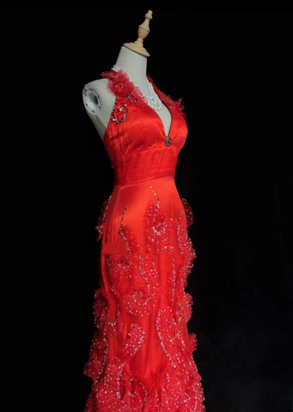 Vintage Prom Dresses 80s Mermaid Halter Red With Ruffle Tiered Floor Length Formal Outfits RB4328