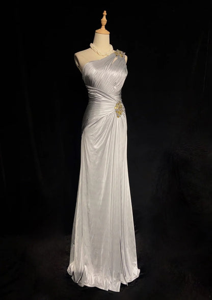 Wunderschöne Abschlussballkleider A-Linie One-Shoulder Silbergrau Lange Formelle Abendkleider N3663
