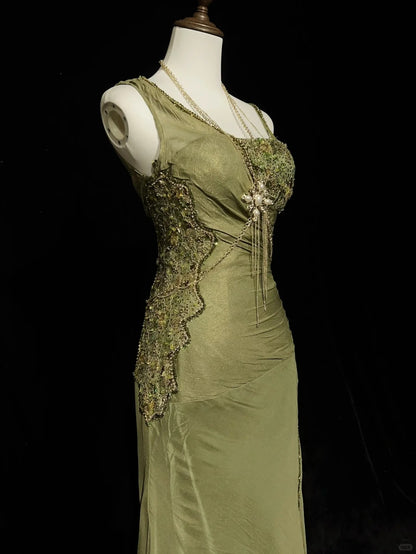 Robes de bal vintage sirène en mousseline vert olive avec perles Tenues de soirée formelles N3854
