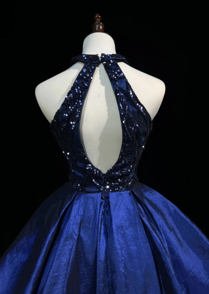 Bescheidene Ballkleid Hochgeschlossen Marineblau Satin Pailletten Ideen für Frauen Kurze Geburtstags Kleider Mini Homecoming Outfits N3272