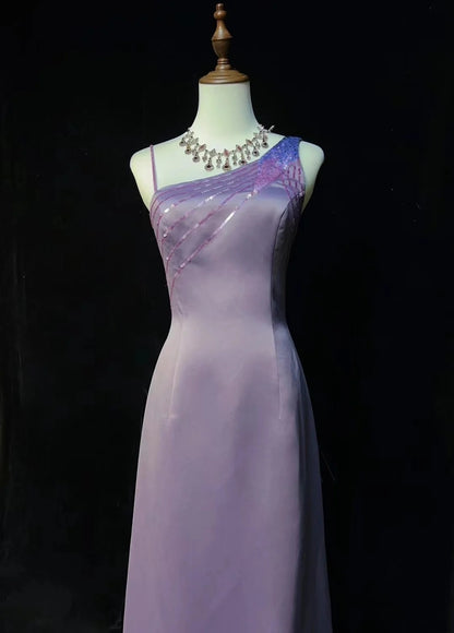 Vintage Abschlussballkleider A-Linie Lila Satin Ärmellos 70er Perlen Festliches Kleid N2568