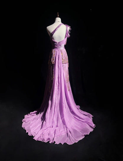 Vintage Ballkleider Inspo A-Linie One-Shoulder Flieder Chiffon 1990er Mit Perlen Abendkleider N3324