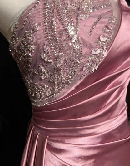 Vintage Promkleider Inspo Meerjungfrau Ein-Schulter-Satin mit Perlen Schlitz 80er Jahre Langes Ballkleid N2735