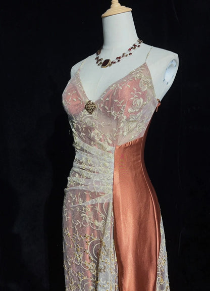 Robes de bal modestes sirène bretelles fines dentelle dorée avec perles longues tenues de soirée N3462
