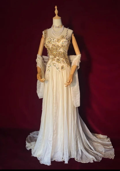 Magnifiques robes de bal ligne A bretelles mousseline de soie champagne clair avec cape tenues de soirée longues N3439