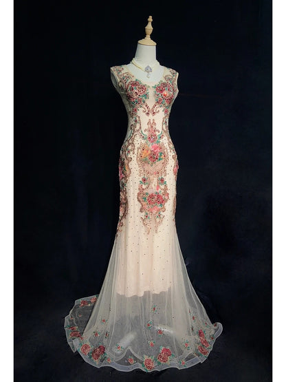 Magnifiques Robes de Bal Sirène en Tulle Blanc avec Perles Appliquées Tenues de Soirée Longues N3401