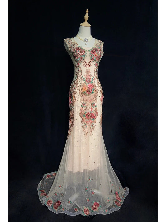 Magnifiques Robes de Bal Sirène en Tulle Blanc avec Perles Appliquées Tenues de Soirée Longues N3401