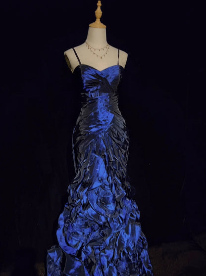 Vintage-Abschlussballkleider-Inspo Meerjungfrauen-Spaghetti-Träger Marineblau Gestufte Lagen 80er Jahre mit Rüschen Festliche Kleider N3361