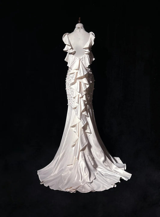 Belles Robes de Bal Sirène Bustier Cœur en Mousseline Blanche avec Fleurs Longues Tenues de Soirée N3386