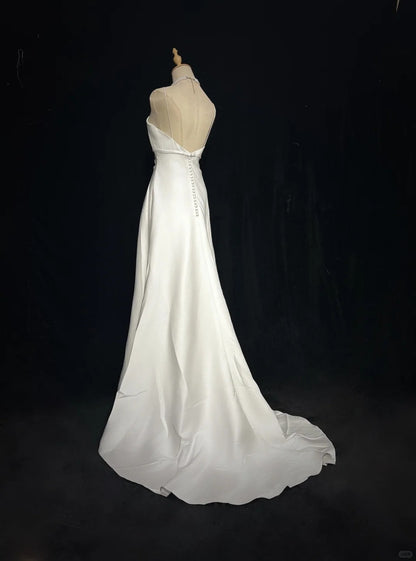 Robes de mariée blanches de jardin en satin, longueur ras du sol, sans manches, à bretelles spaghetti, coupe trapèze vintage RB3313