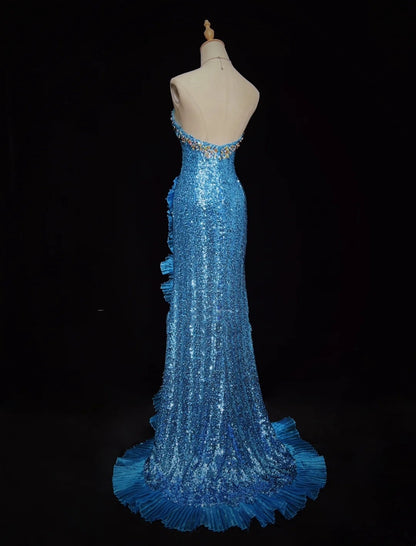 Vintage Promkleider Inspo Meerjungfrau Sweetheart Royalblau Pailletten Lang 1990er Mit Perlen Abendkleider N3390