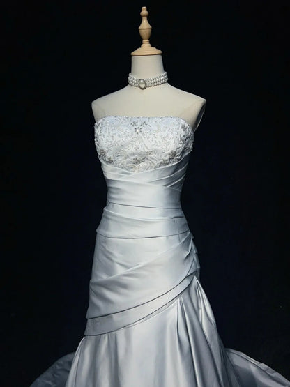 Bescheidene Abschlussballkleider Meerjungfrau One Shoulder Hellblau Satin Mit Spitze Langes formelles Tanzkleid N3000