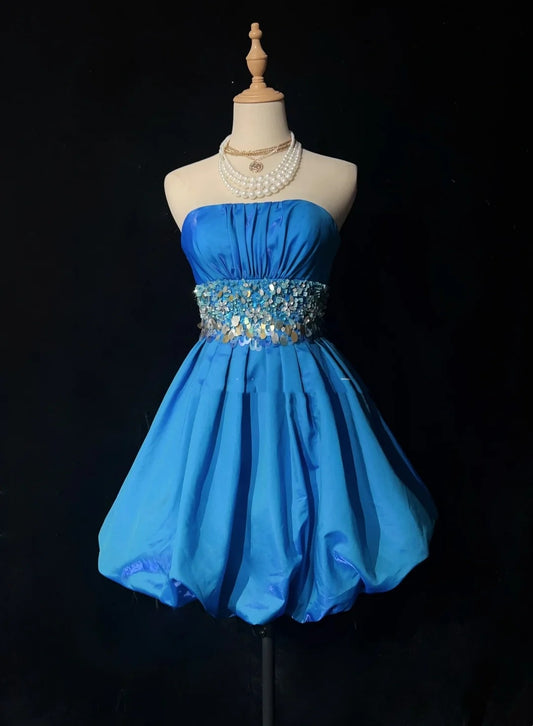 Princess Ball Gown Strapless Blue Taffeta Short Mini Homecoming Dresses Hoco Gowns N2907