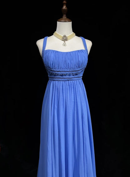 Robes de bal vintage en mousseline bleue avec bretelles spaghetti, coupe trapèze, perlées, longue robe de soirée N2446