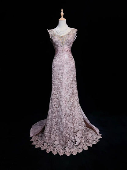 Vintage Abschlussballkleider 1960er Jahre Meerjungfrau V-Ausschnitt Rosa Spitze mit appliziertem perlenbesetztem langen Abschlussballkleid N3107