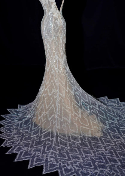 Robe de mariée sirène intemporelle à fines bretelles en dentelle blanche, robe de mariée longue et ajustée AB2523