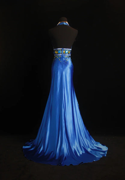 Vintage Prom Dresses Mermaid Royal Blue V Neck With Gold Beaded 80s Evening Formal Dress RB3274