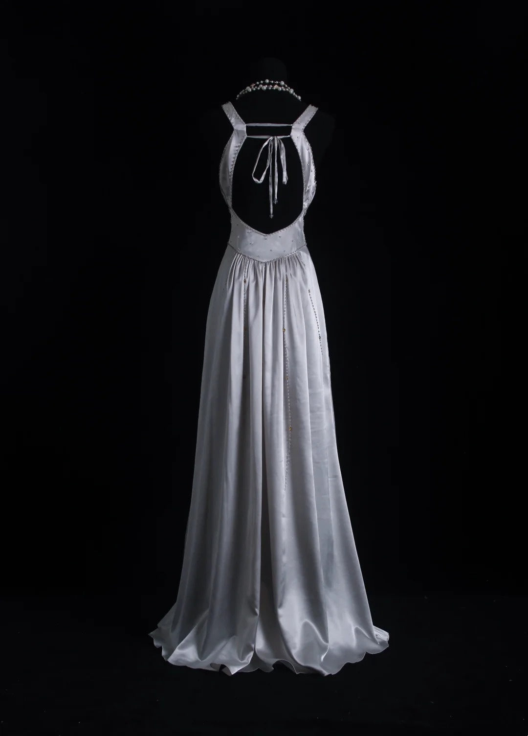 Vintage Prom Dresses 1960s A line V Neck Grey Satin Backless With Beaded Evening Formal Outfits RB5141