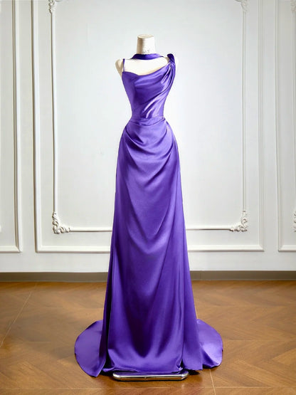 Robe de bal longue de soirée en satin raisin, coupe sirène simple, col asymétrique, avec foulard intégré, référence N346
