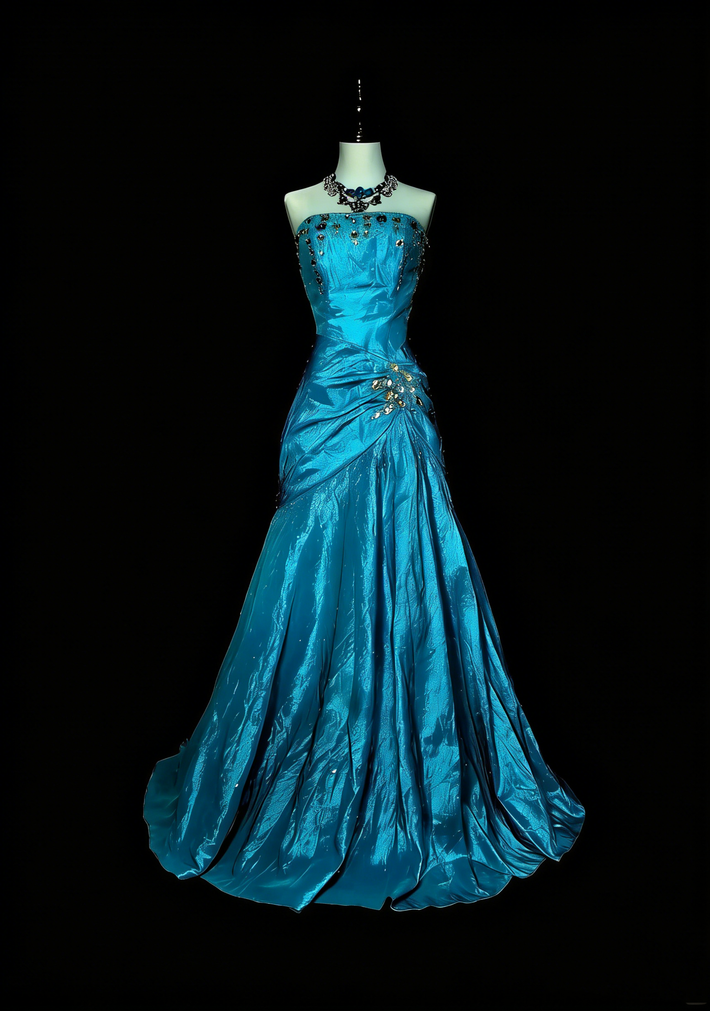 Robe de bal longue sirène vintage sans bretelles, années 2000, ornée de perles dorées, référence N1358