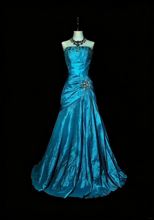 Robe de bal longue sirène vintage sans bretelles, années 2000, ornée de perles dorées, référence N1358