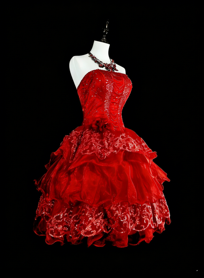 Einzigartiges Ballkleid, trägerlos, Spitze, Rot, Inspo, Vintage, Mode, 2000er, Hoco-Kleider, kurze Inspo, Heimkehrkleider N2012