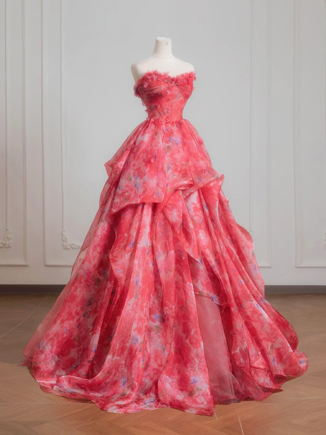 Süßes Ballkleid, herzförmig, rosa, geblümt, Chiffon, langes formelles Abendkleid, formelles Geburtstagskleid, Ballkleid N727