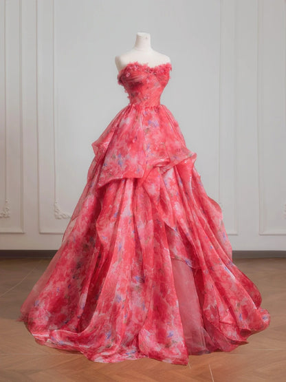 Süßes Ballkleid, herzförmig, rosa, geblümt, Chiffon, langes formelles Abendkleid, formelles Geburtstagskleid, Ballkleid N727