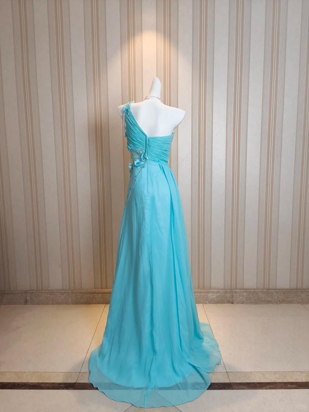 Vintage Ballkleider A-Linie One Shoulder Blau Chiffon 80er Jahre Mit Blumen Lange Formelle Abendgarderobe N4217