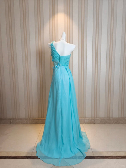 Vintage Ballkleider A-Linie One Shoulder Blau Chiffon 80er Jahre Mit Blumen Lange Formelle Abendgarderobe N4217
