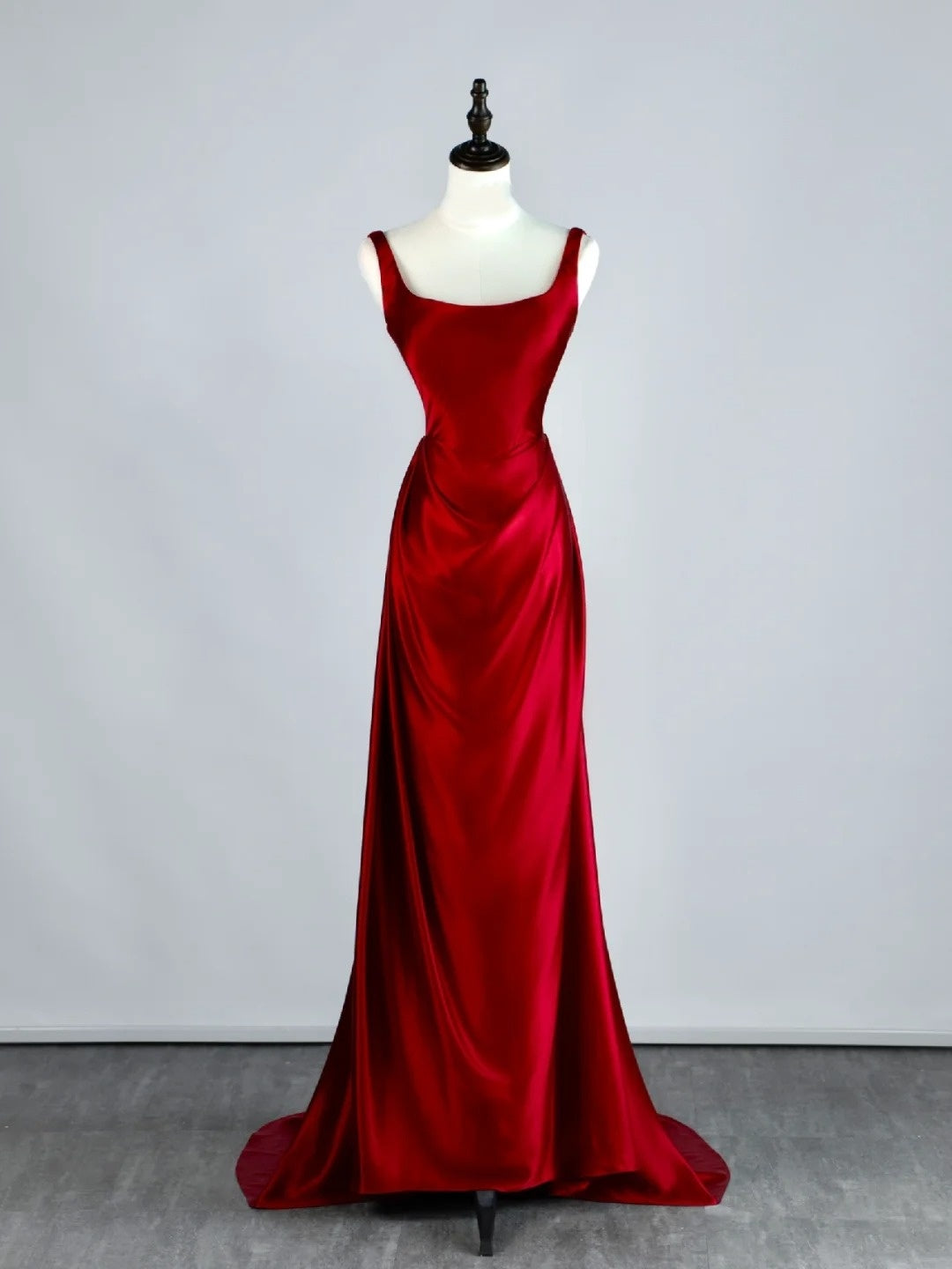 Elegantes, weinrotes Satin-Abendkleid mit Rüschen und eckigem Meerjungfrauen-Ausschnitt, langes Ballkleid/Abendkleid N597