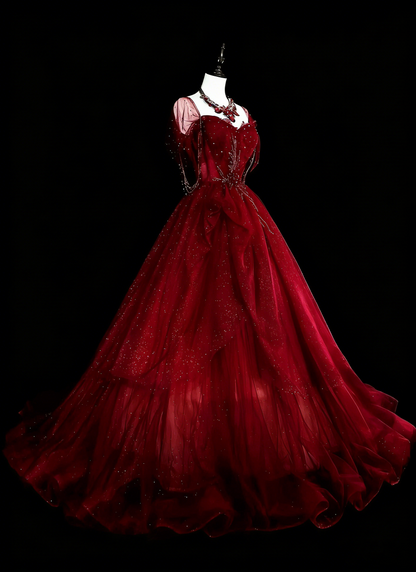 Robe de bal bustier bordeaux en tulle ornée de perles, robe de soirée, robe de cérémonie, style vintage, N1777