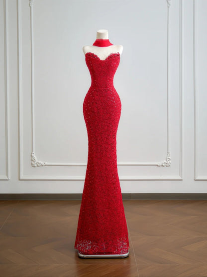Robe de bal longue sirène romantique en dentelle rouge avec foulard, idéale pour un 18e anniversaire (N395)