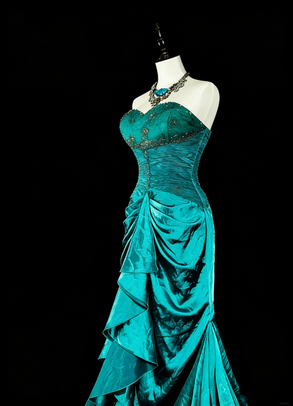 Vintage Ballkleider Ästhetik 1960er Jahre Retro Meerjungfrau Grünes Satin Langes Abendkleid N2149