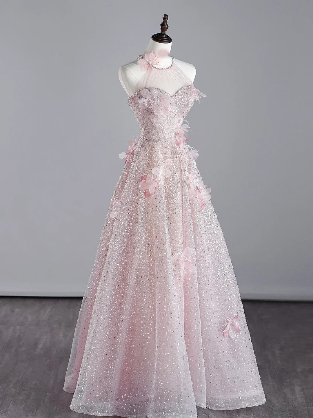 Elegantes, rosa Paillettenkleid in A-Linie mit Rundhalsausschnitt – Inspiration für festliche Anlässe und Prinzessinnen-Abendkleider N758