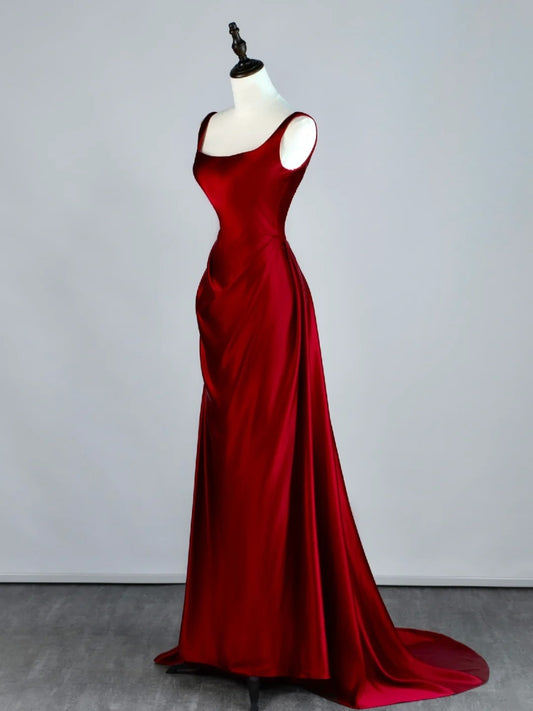 Atemberaubendes, langes Meerjungfrauen-Abendkleid aus burgunderrotem Satin mit eckigem Ausschnitt – Inspiration für Prinzessinnen-Abschlusskleider N1086