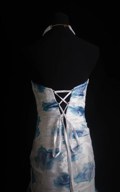 Retro Meerjungfrauen-Abendkleid mit Herzausschnitt, Blumenmuster, blau, 2000er-Jahre, langes Kleid, Inspiration für Outfits zum 19. Geburtstag, formelles Kleid N499