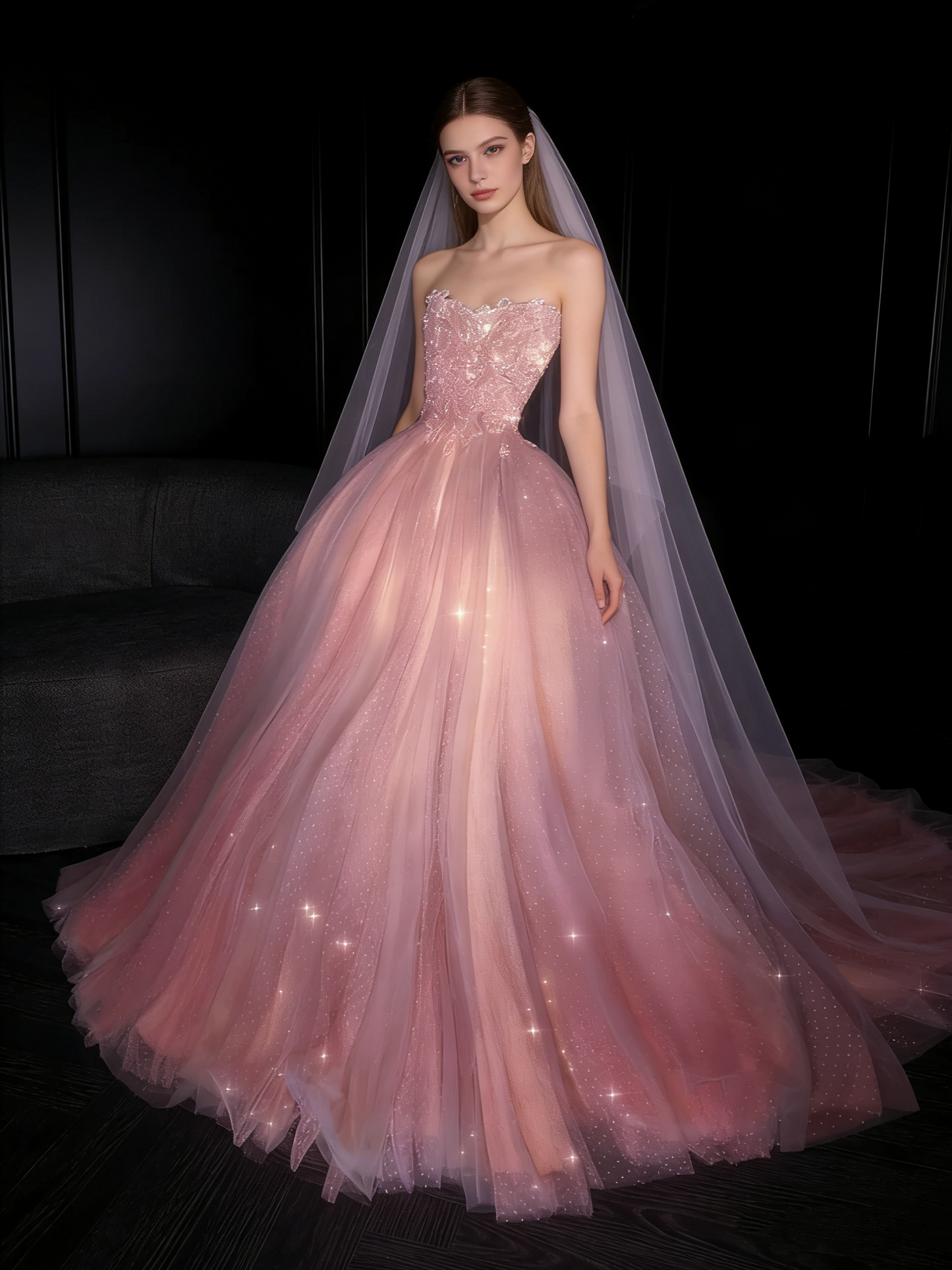 Glitzerndes, trägerloses, langes, pinkfarbenes Ballkleid mit weißen Punkten – ein formelles Abendkleid für den 18. Geburtstag oder als Ballkleid (Modell N735).